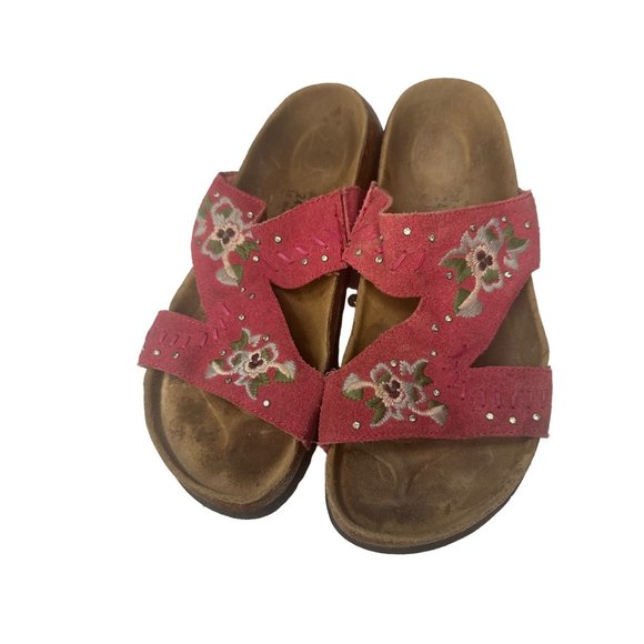 Birkenstock Pink Suede Floral Betula Sandals Size 6 Ladies Cork Has Cracks - Picture 2 of 12